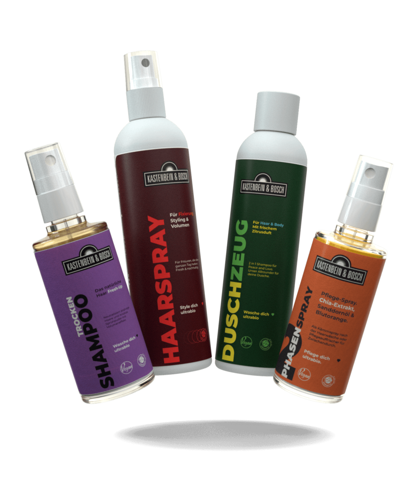 Kastenbein und Bosch Starterset Quick & Easy bestehend einem 200ml Duschzeug, 100ml Trockenshampoo, 100ml Pflege Spray und 200ml Haarspray. 